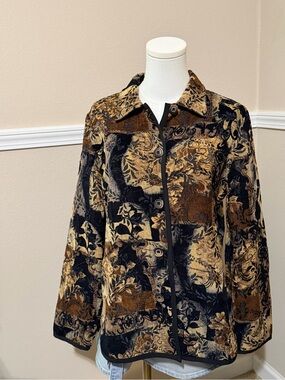 Women's Black and Brown Floral Pattern Button-Front Jacket